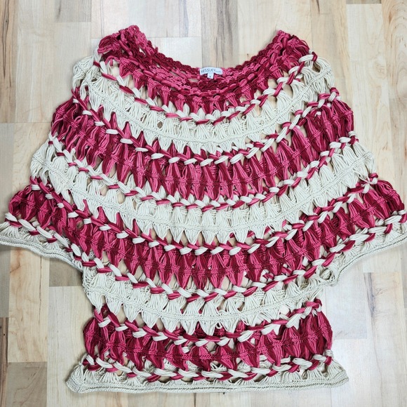 Kessley Crochet Knit Poncho Top Open Weave Bohemian Festival Pink Beige S - Picture 1 of 6